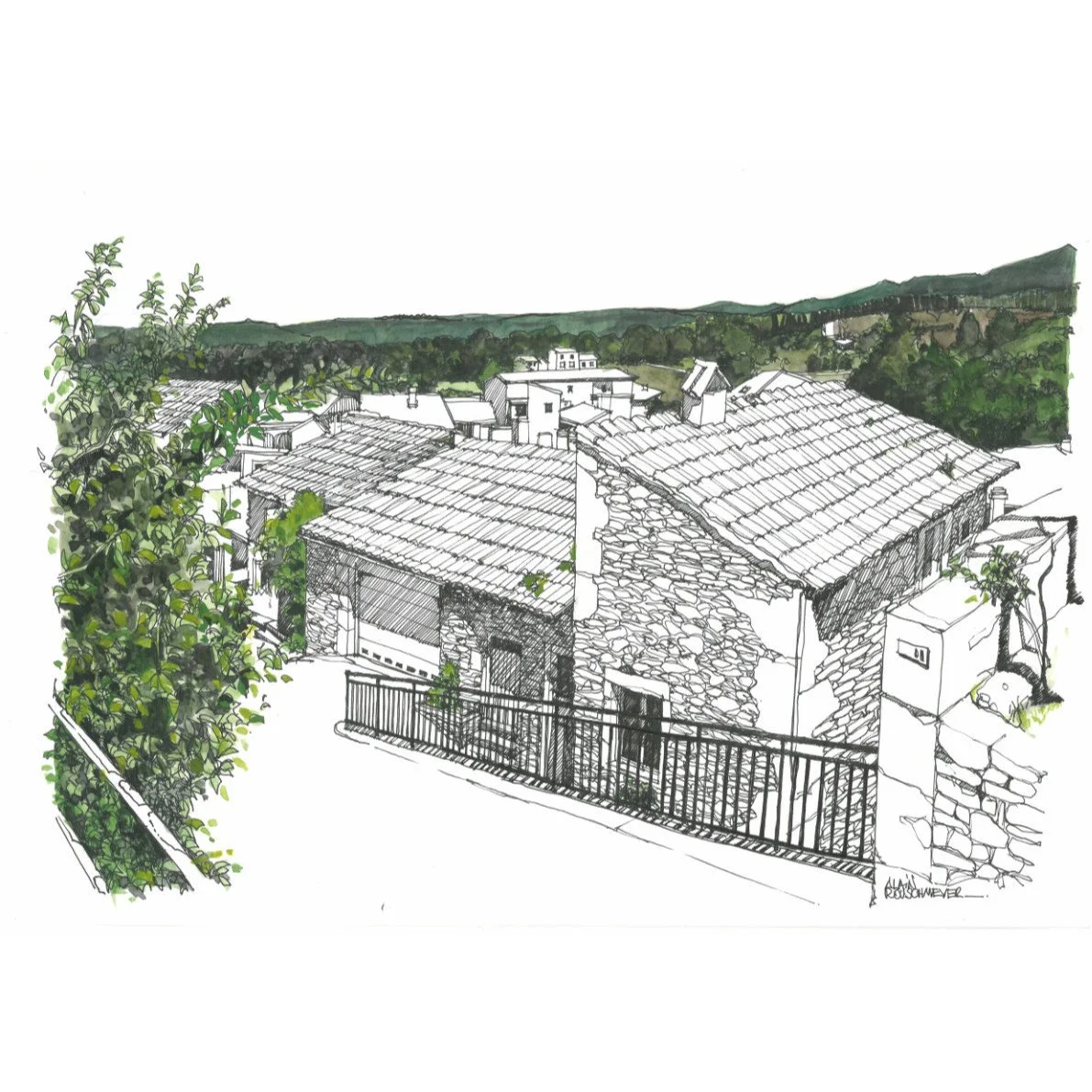 VAISON LA ROMAINE 2 desin encre et aquarelle de Alain Rouschmeyer