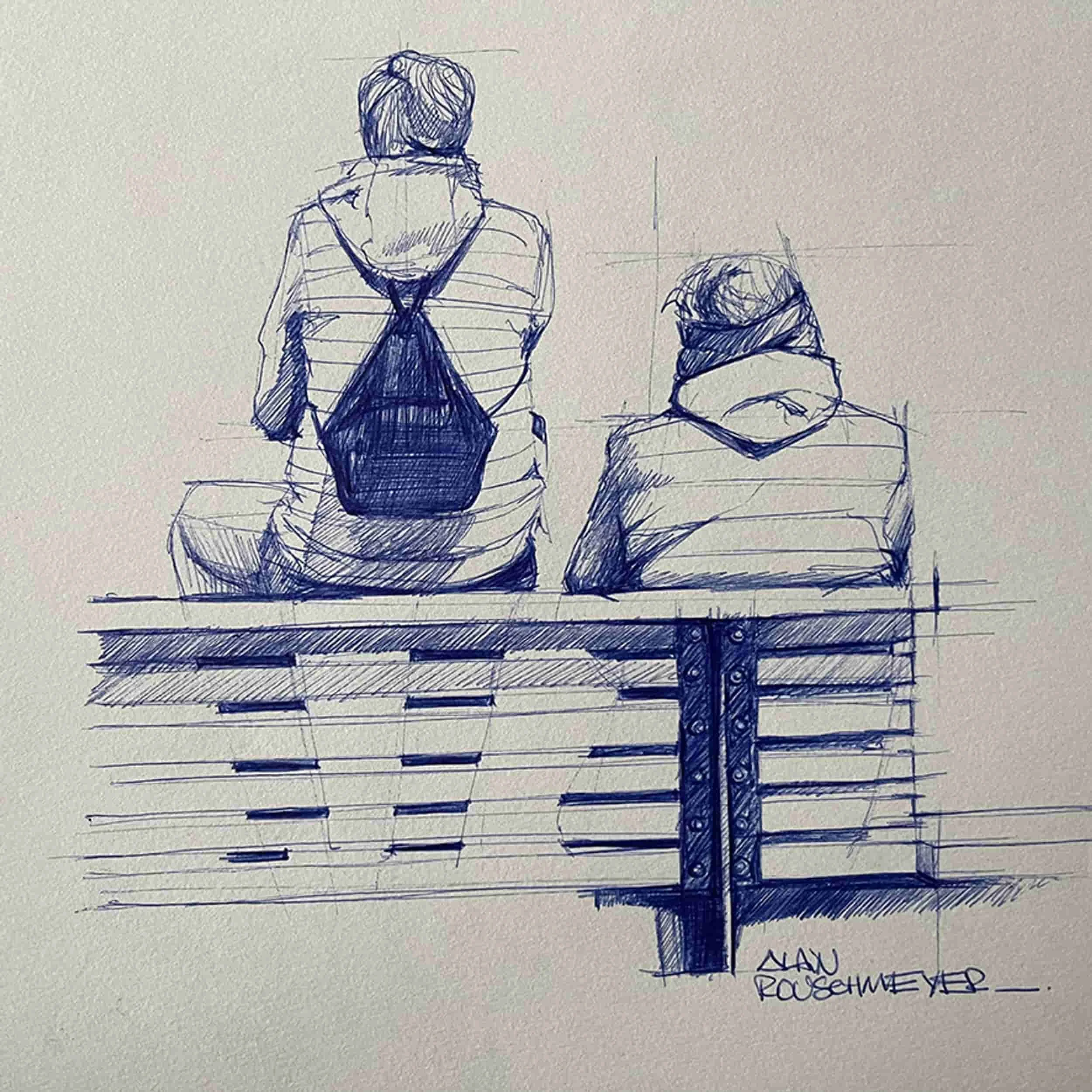 Croquis rapide au bic bleu qui a été repris dans l'oeuvre "La bergeronnette" de l'artiste figuratif Alain Rouschmeyer