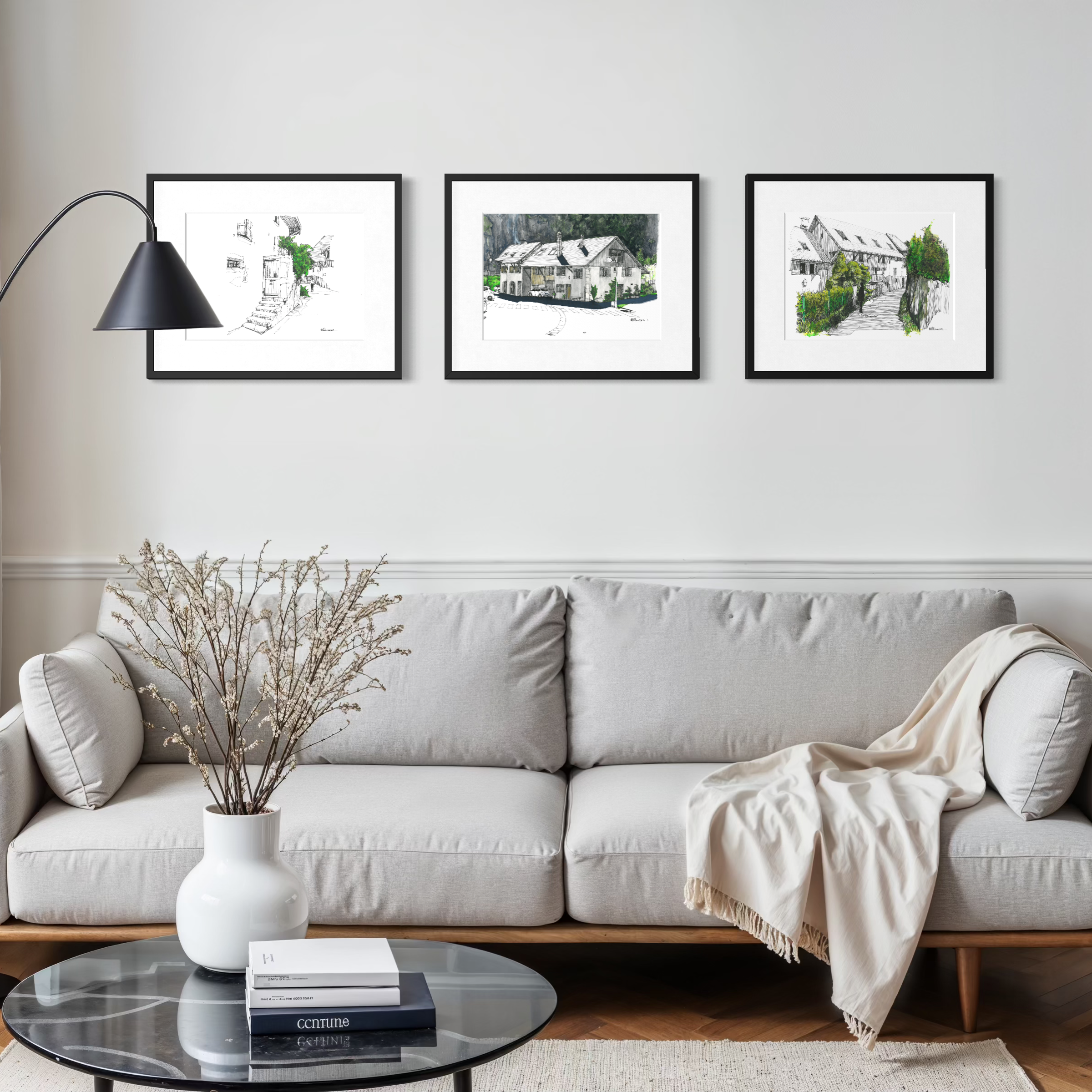 Interior décor showcasing three pen and watercolour artworks by contemporary figurative artist Alain Rouschmeyer.