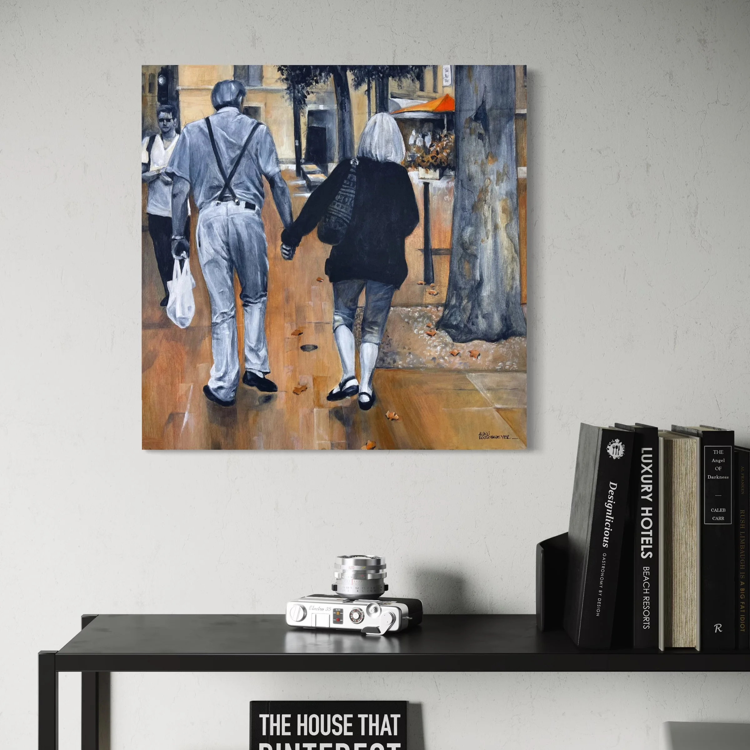 Scène de vie quotidienne dans une vieille ville peinte par un artiste figuratif contemporain