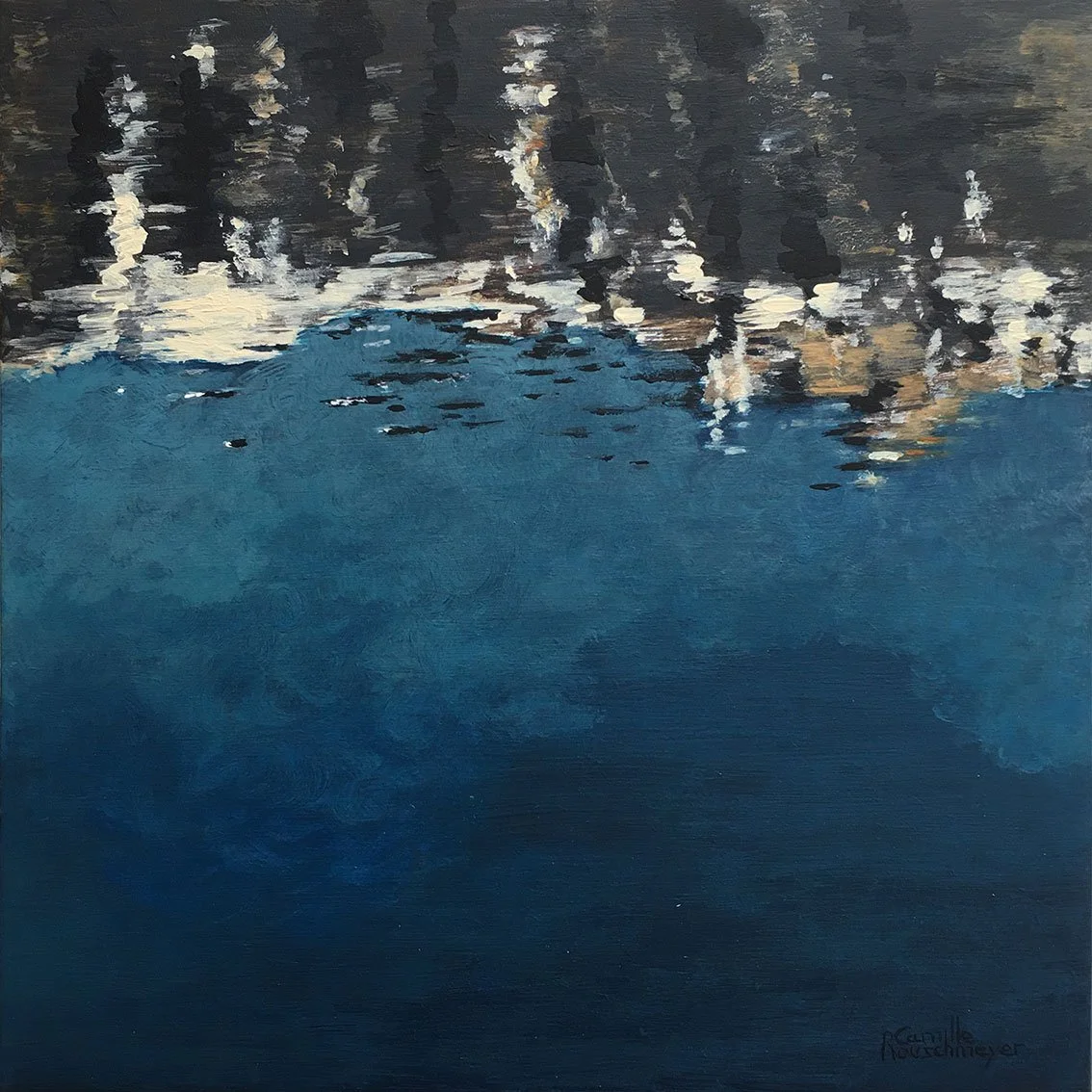 Petit tableau impressionniste d’un reflet dans le lac d’Annecy par l’artiste Camille Rouschmeyer