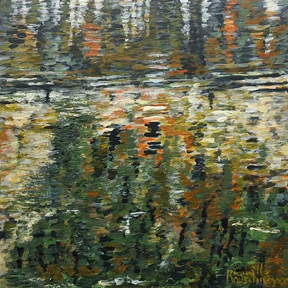 Small impressionist painting of reflections in Lake Annecy by the artist Camille Rouschmeyer