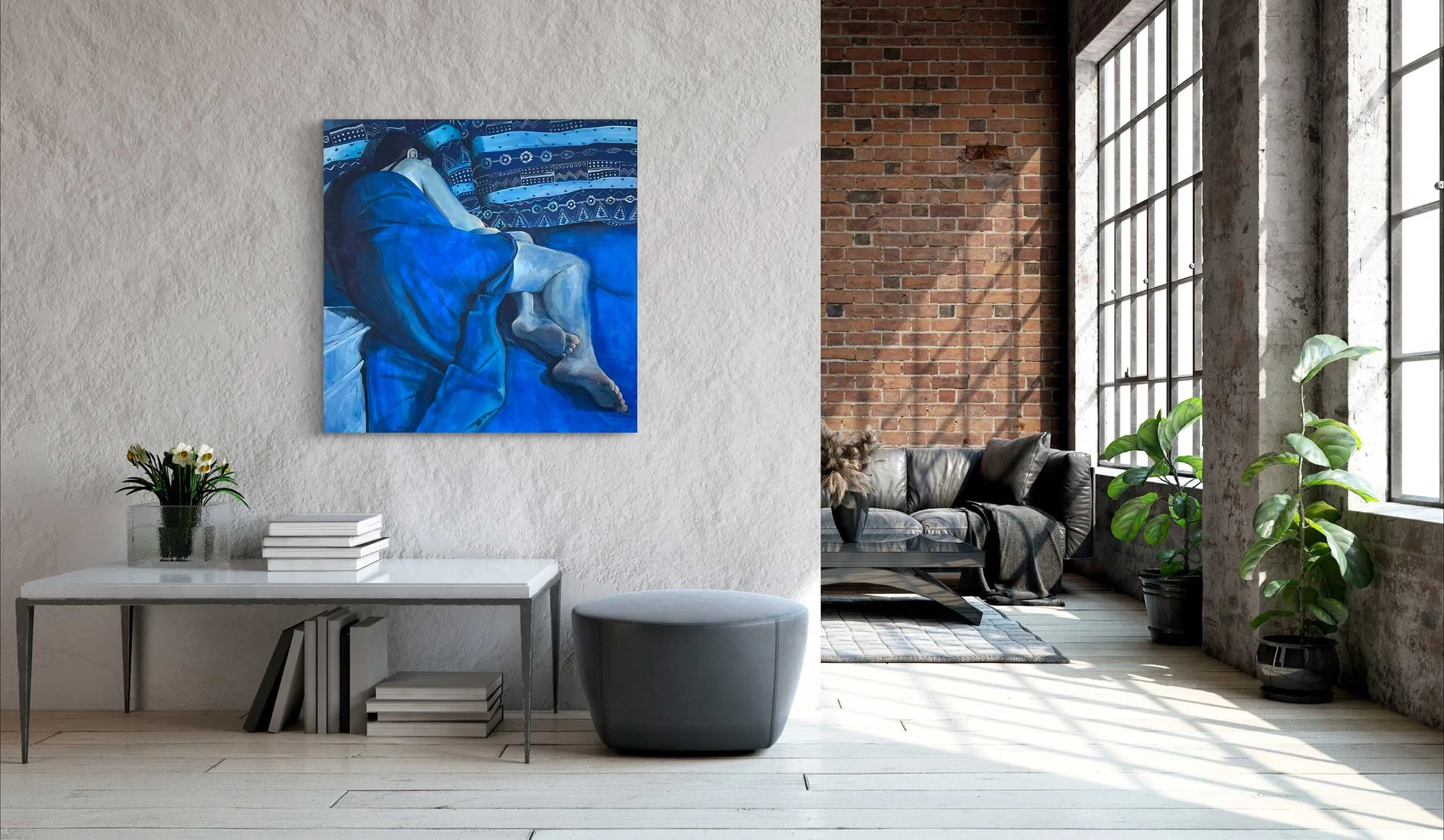 Une peinture figurative contemporaine dans une architecture rénovée La fille dans les draps bleus (médaille d'or 2025) de l'artiste peintre Alain Rouschmeyer