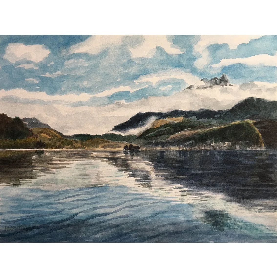 PAYSAGE DU LAC D’ANNECY EN MARS, aquarelle réalisée par l’artiste peintre impressionniste Camille Rouschmeyer