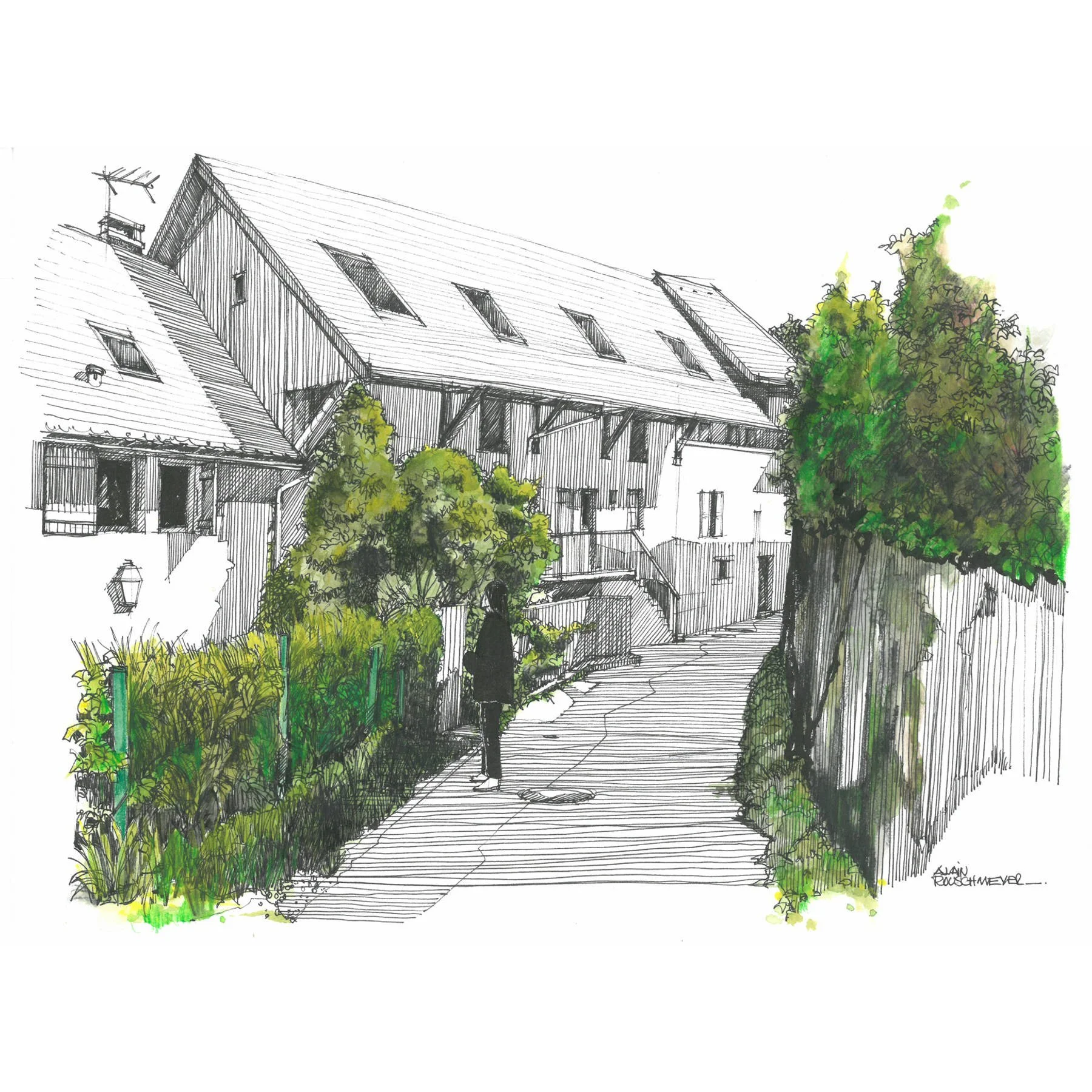 Un oeuvre à la plume rehaussée à l'aquarelle "Duingt, rue du vieux village" par l'artiste Alain Rouschmeyer