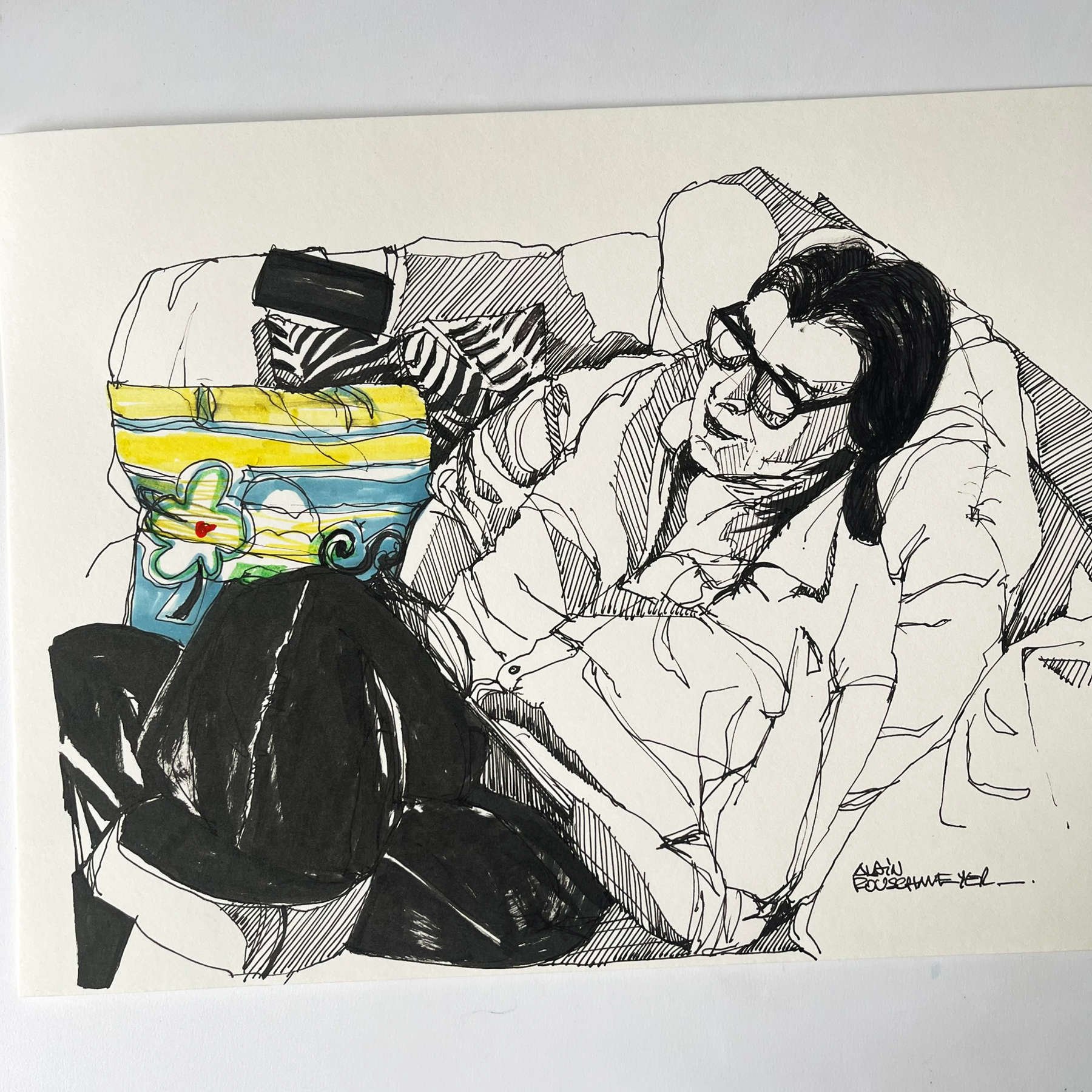Le croquis à la plume et encre de couleur pour La lecture du soir par l'artiste figuratif Alain Rouschmeyer