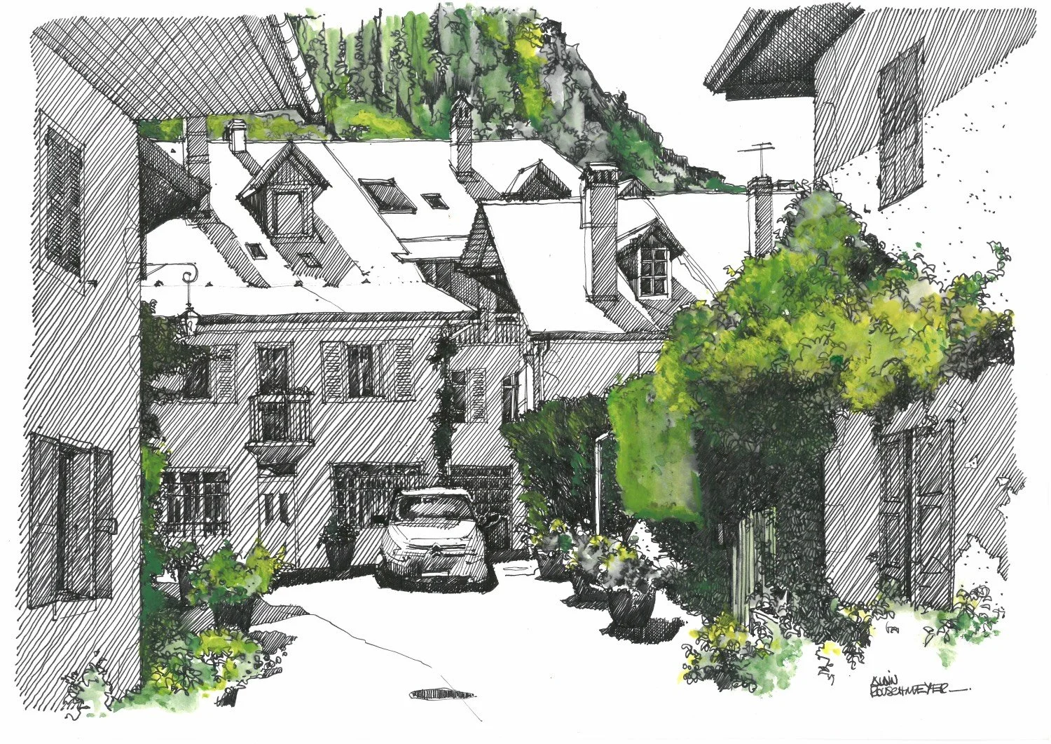 Croquis à la plume d'un village du bord du lac d'Annecy, Duingt. Une oeuvre à la plume et aquarelle de l'artiste Alain Rouschmeyer