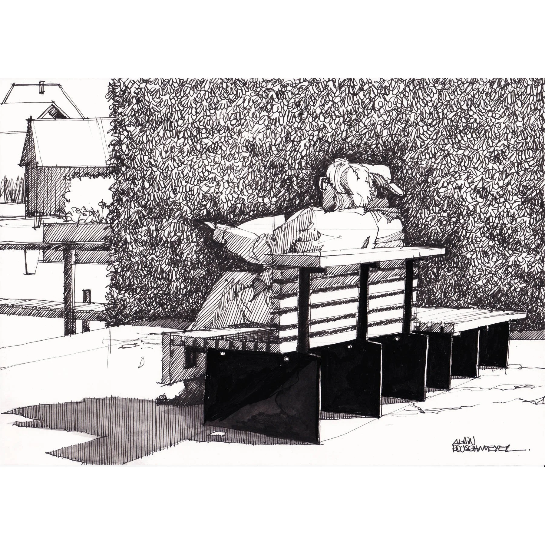 Le croquis Good morning de Alain Rouschmeyer présente la posture d'un couple assis face au lac d'Annecy