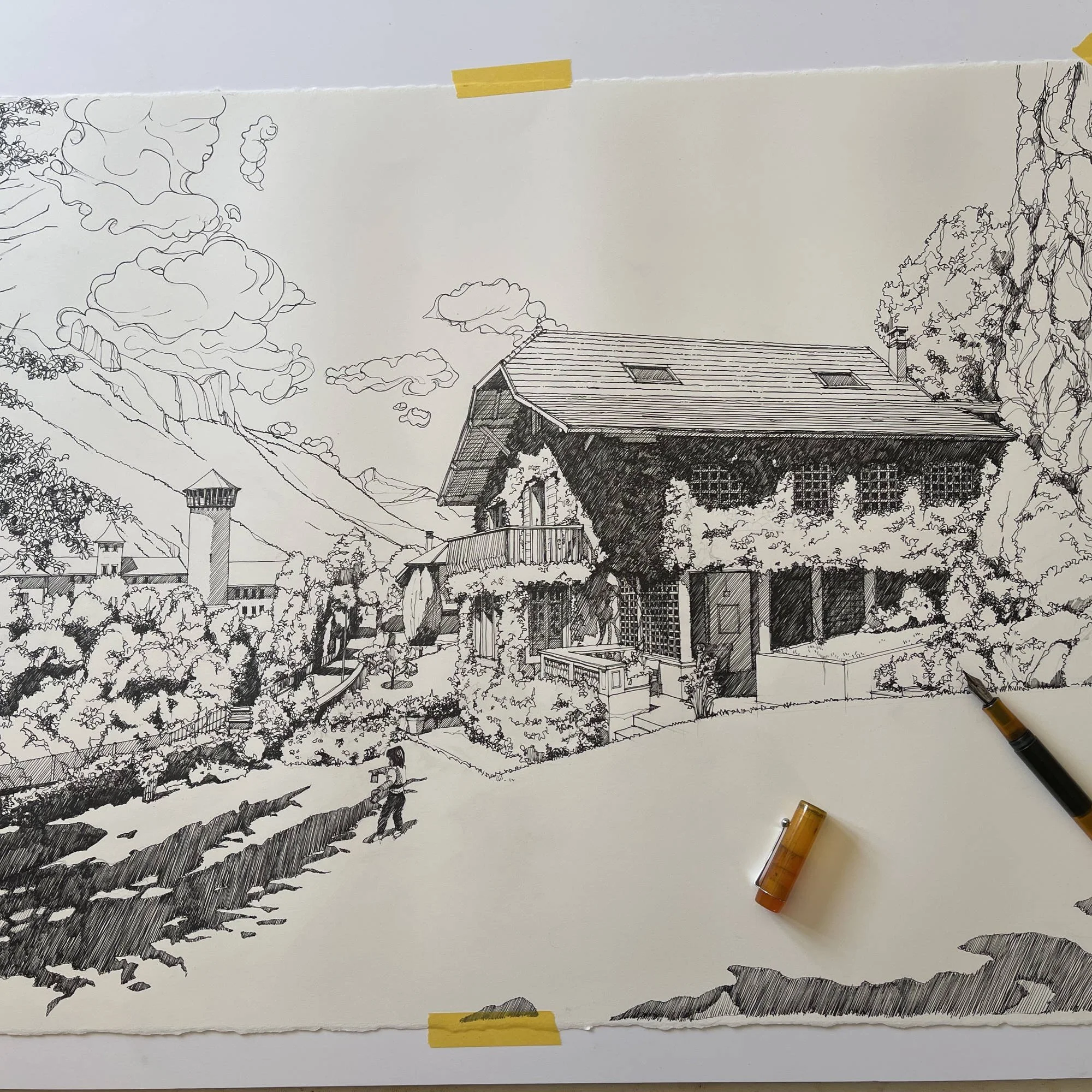 Detailed pen drawing of a traditional family home during the creation of a commissioned artwork.