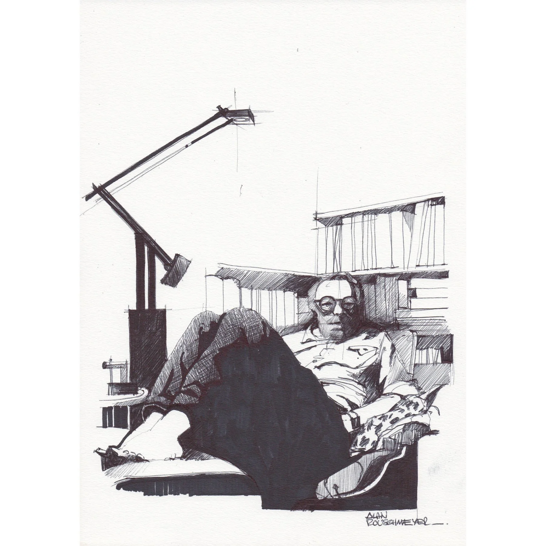 Un croquis au bic noir et encre Réflexion de l'artiste par Alain Rouschmeyer