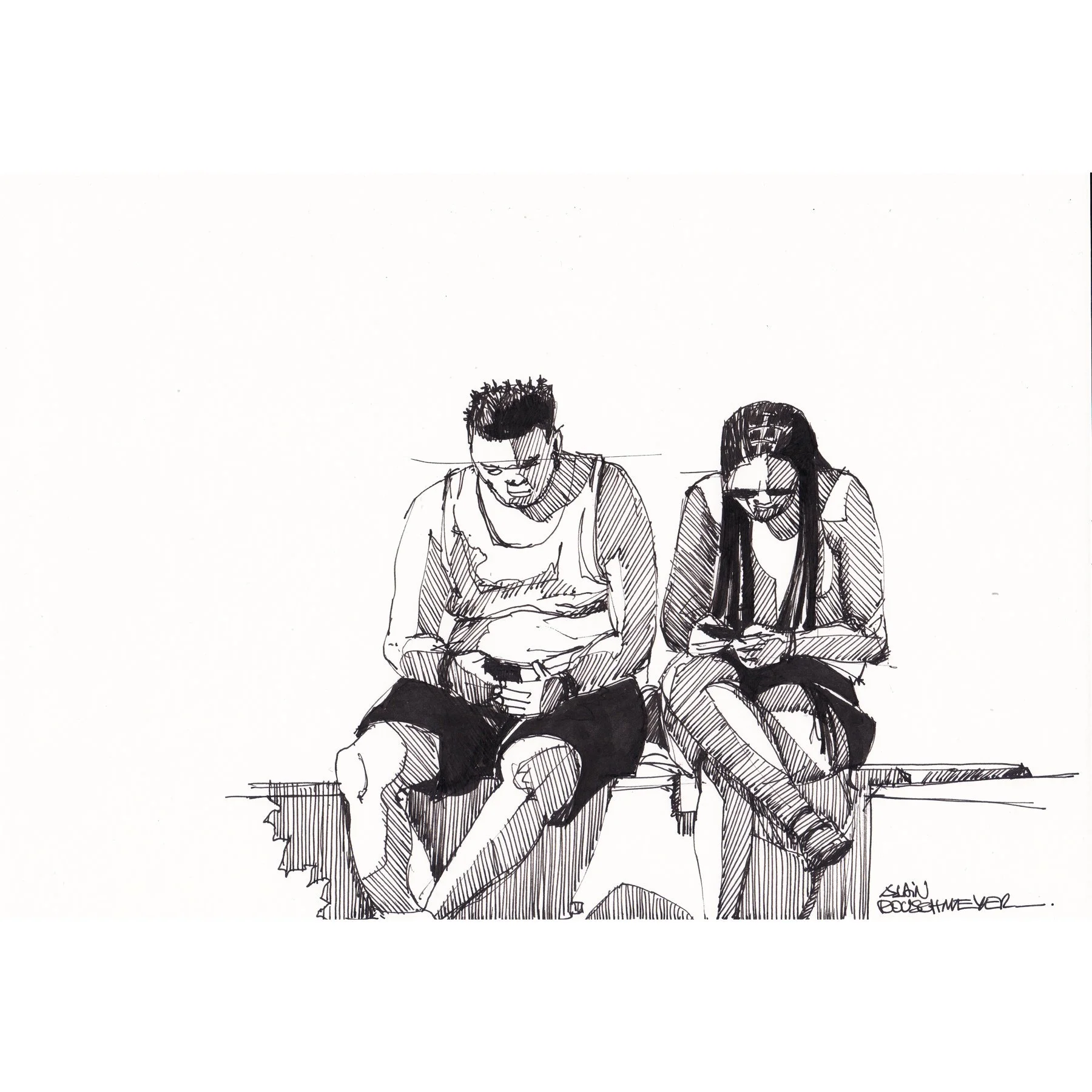 Smart and phone-croquis à la plume d'une posture d'un couple et de leurs smartphones - artiste : Alain Rouschmeyer02c.jpg