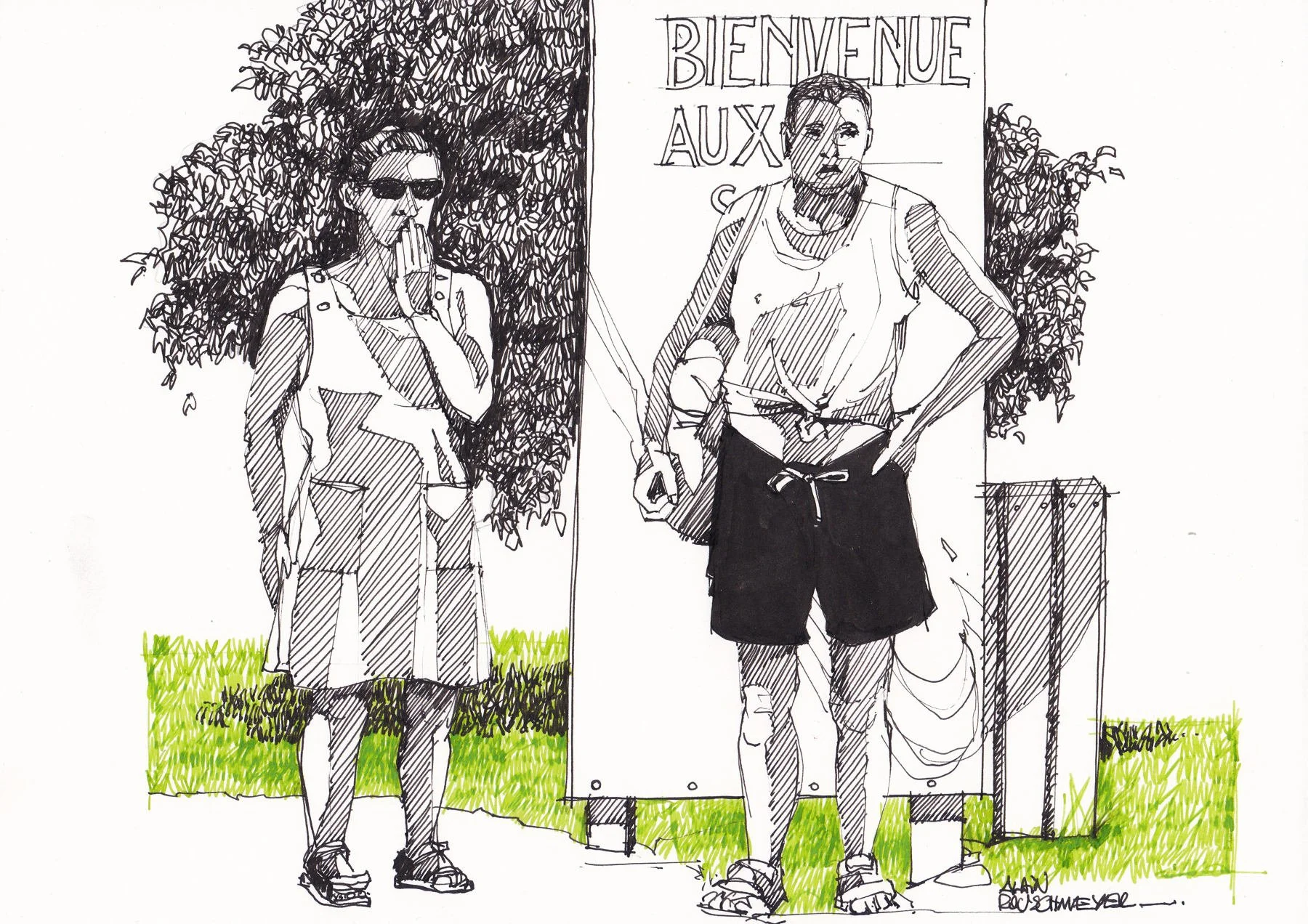 Les sources, un croquis à la plume qui présente un couple de retour de nage