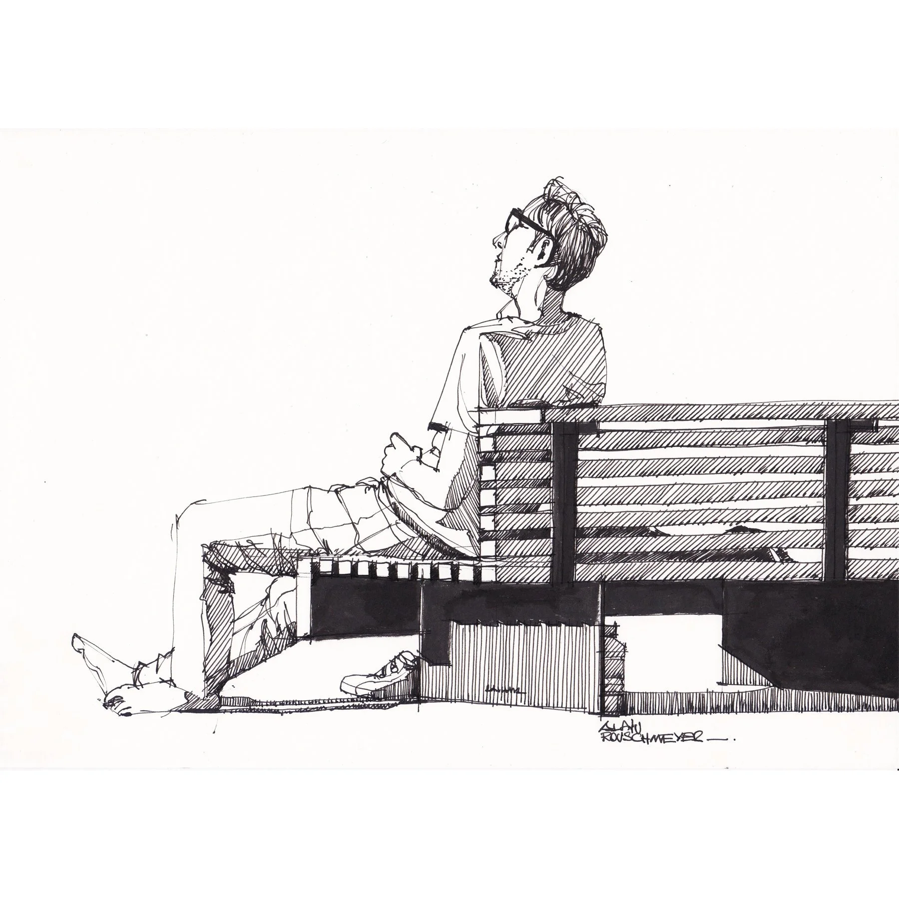 Pause urbaine : croquis d'un instant partagé sur une place de Duingt en Haute Savoie-par Alain Rouschmeyer