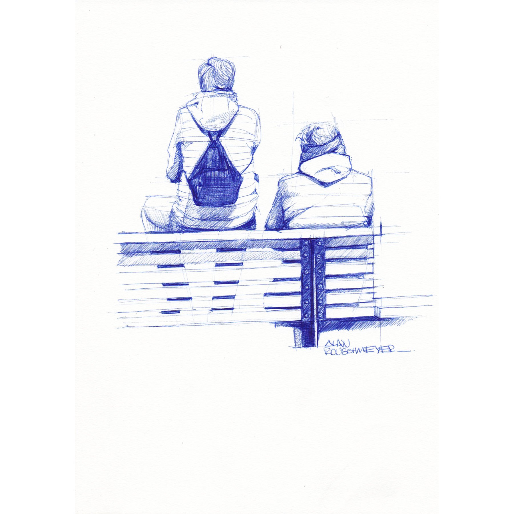 Le croquis au bic bleu de l'oeuvre figurative La Bergeronnette de l'artiste Alain Rouschmeyer