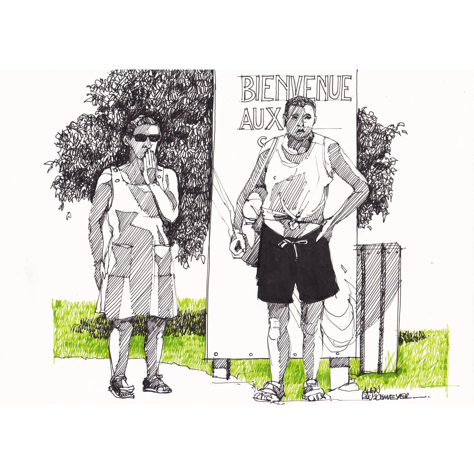 Les sources, un croquis à la plume étude de posture par l'artiste figuratif Alain Rouschmeyer