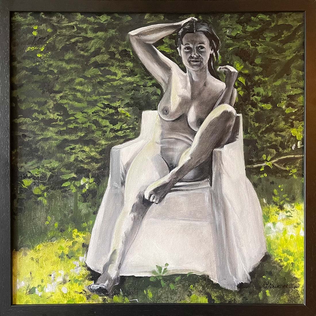 The White Armchair in the Garden by Alain Rouschmeyer – 50x50 cm oil on canvas depicting a white armchair and seated female figure in lush garden