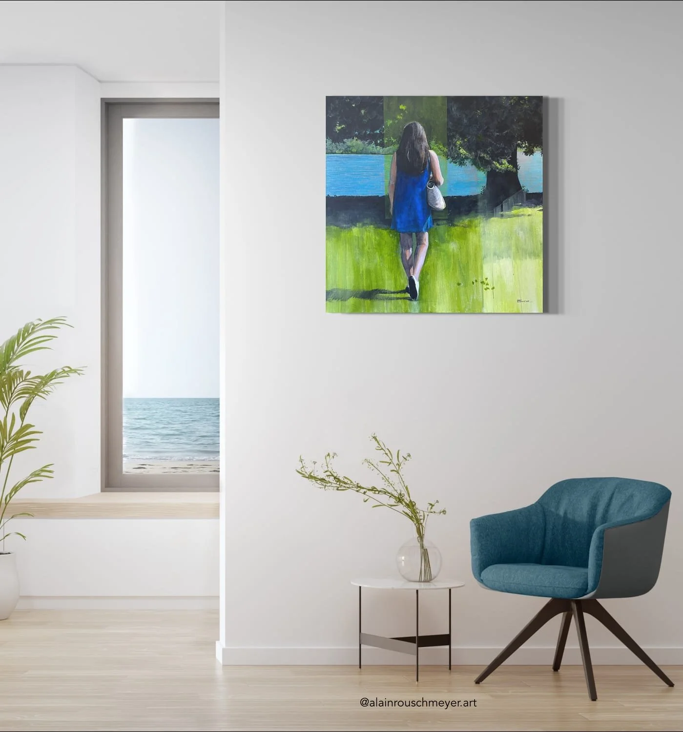 Peinture La Fille en bleu encadrée dans un espace intime aux tonalités sobres