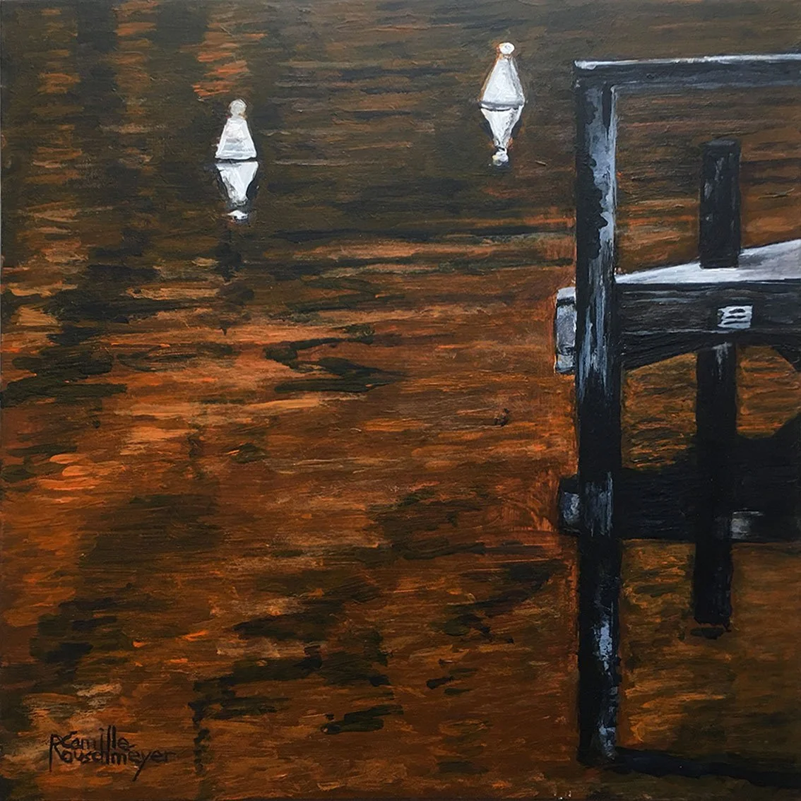 Small impressionist painting of the reflection of buoys and a pontoon in Lake Annecy by the artist Camille Rouschmeyer