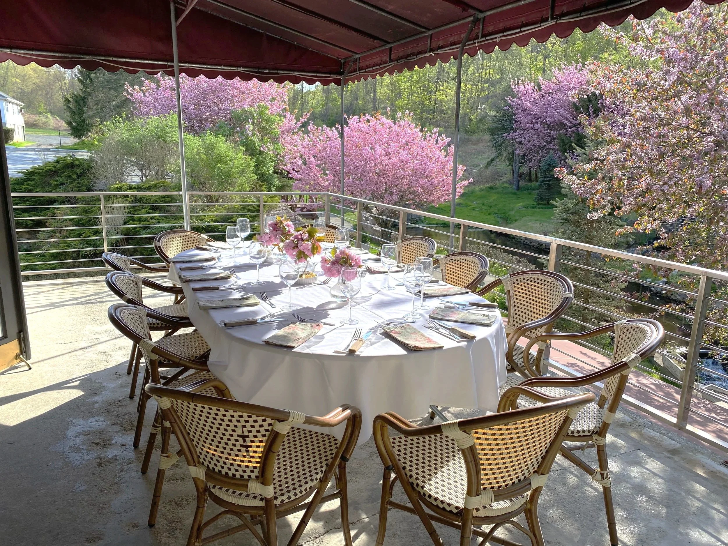 Scenic outdoor bridal shower luncheon on the covered terrace overlooking the gardens.