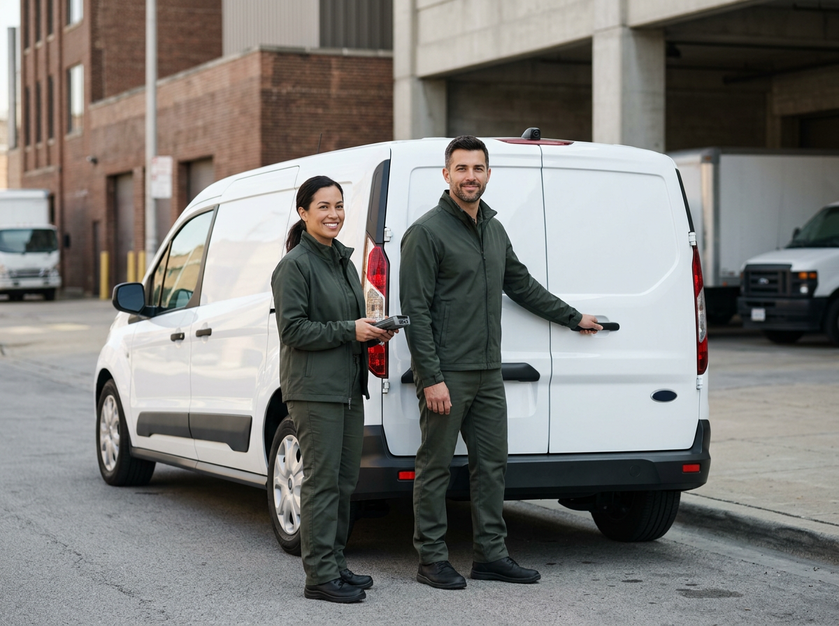 Illinois delivery team beside secure cargo van