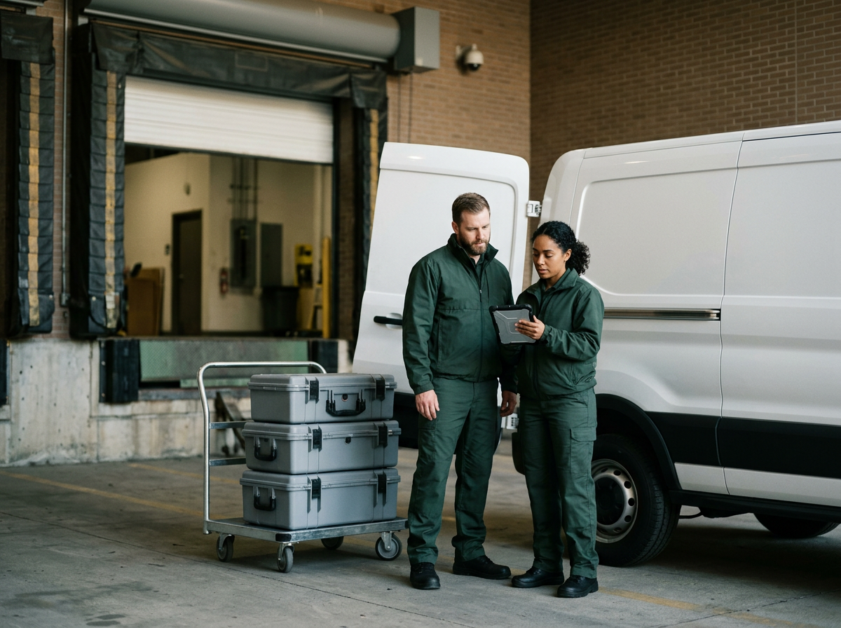 Runway delivery team reviewing sealed cargo beside a secure transport van.
