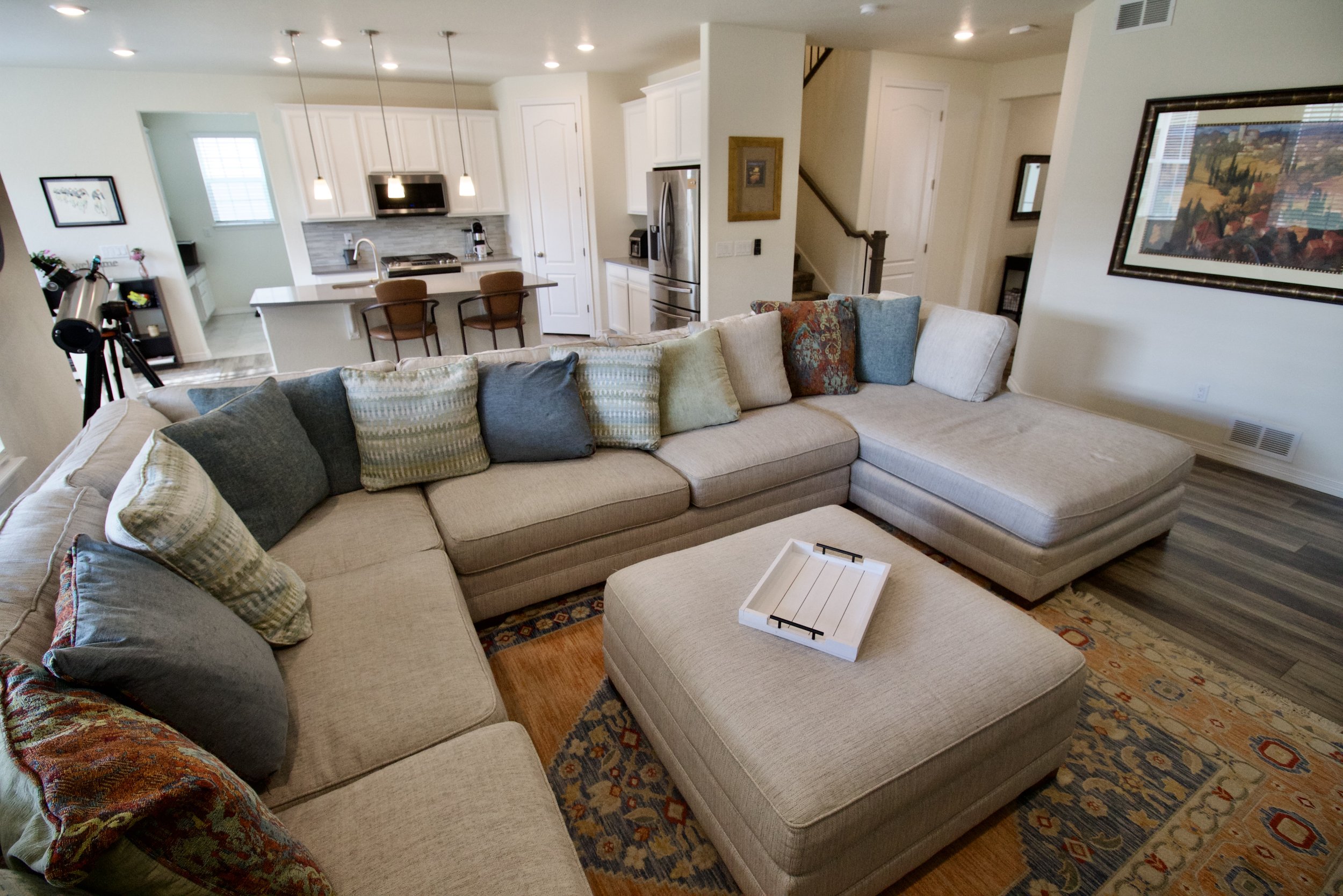 Great Room. This couch is for sale! It is custom built for the room!