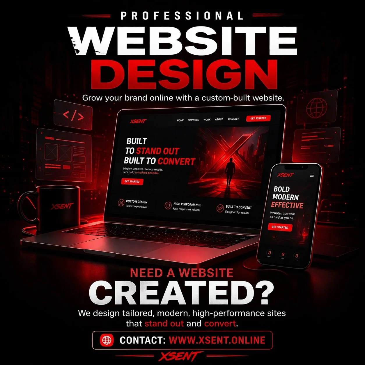 PROFESSIONAL
WEBSITE DESIGN

Grow your brand online with a custom-built website.

Need a website created?
We design tailored, modern, high-performance sites that stand out and convert.

Contact: www.xsent.online

#websitedesigner