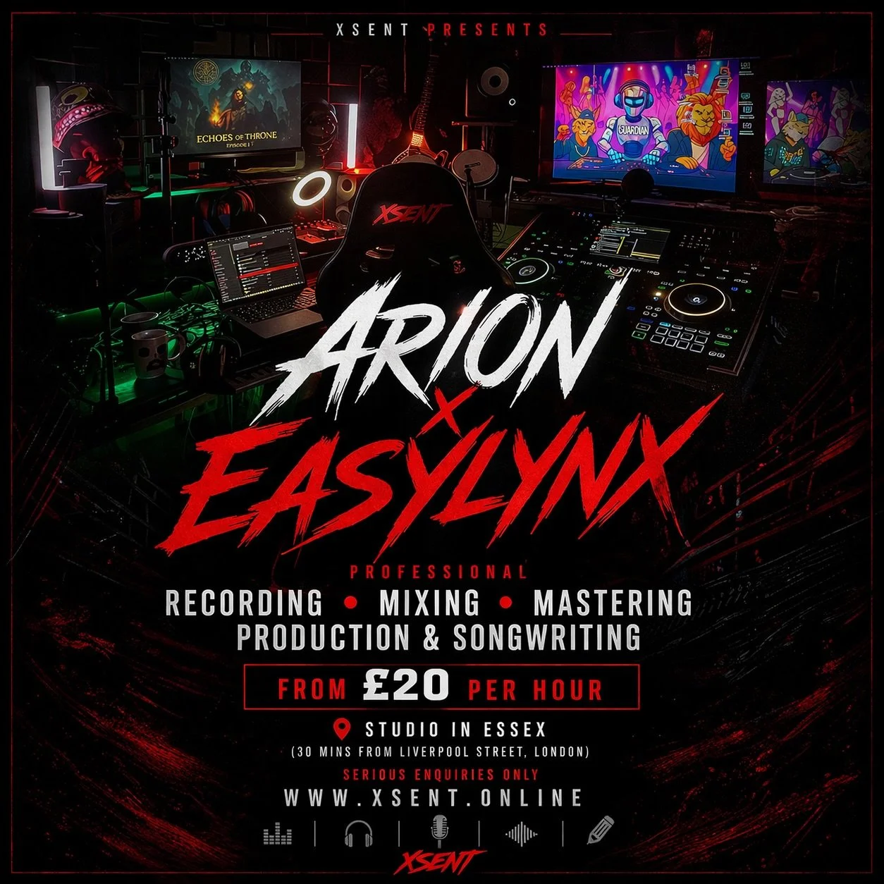 Professional recording, mixing, mastering, production &amp; songwriting from &pound;20 per hour. Studio in Essex (30 mins from Liverpool Street, London) Serious enquiries only. www.xsent.online #recordingstudioessex #recordingstudiolondon