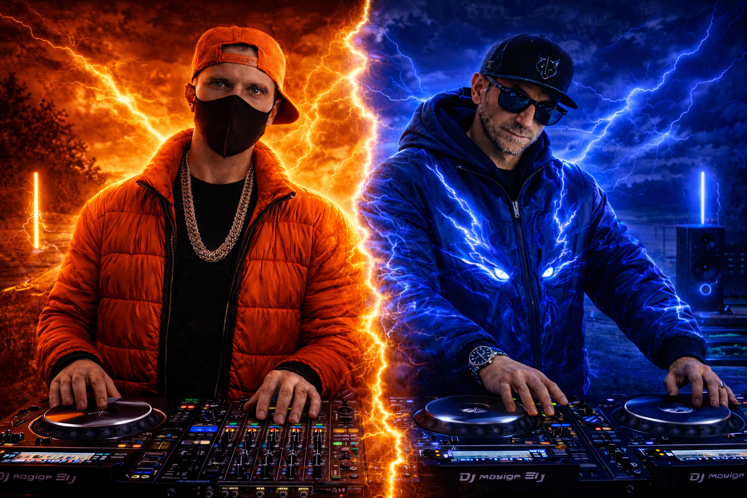 Two DJs are performing with lightning storm backgrounds, one in an orange jacket and mask, the other in a blue jacket and sunglasses.
