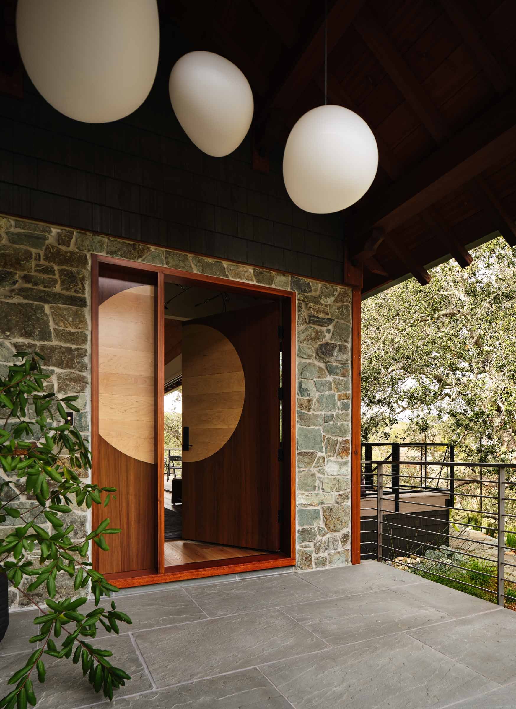 Custom Front Door with Redwood and Maple Burl.  Modern Organic Pendants