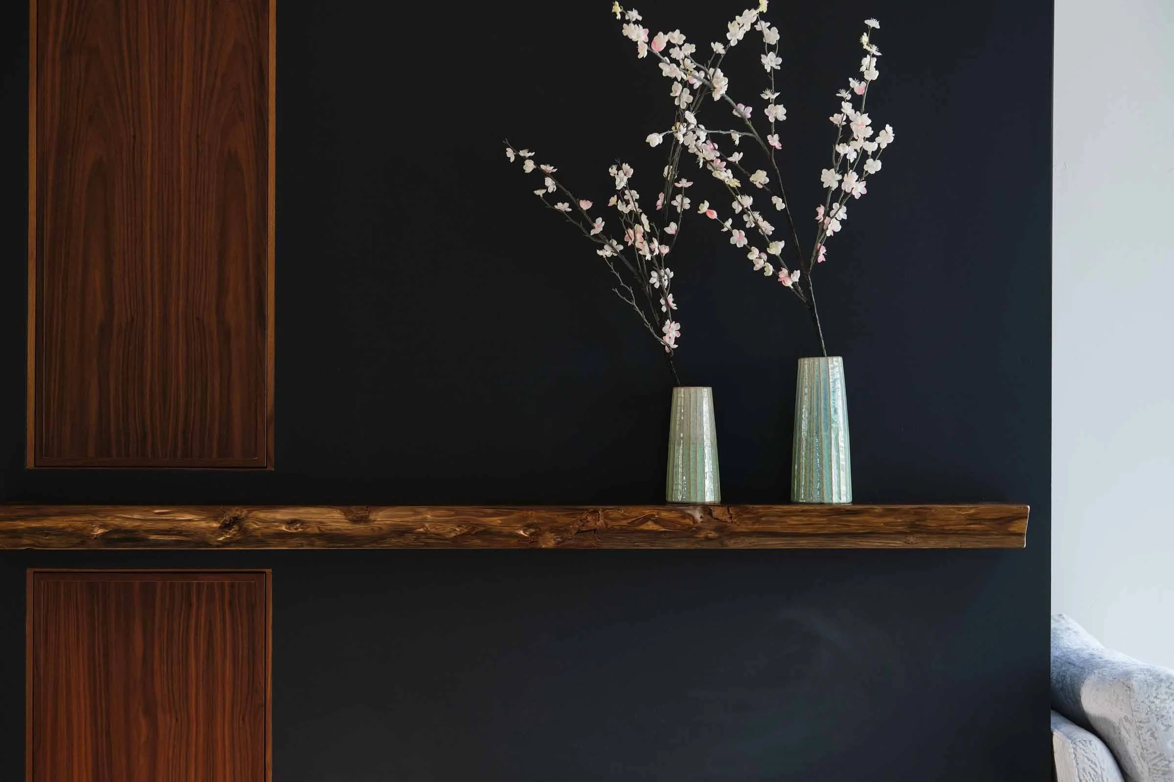 Modern Organic Fireplace with Custom Redwood Mantle