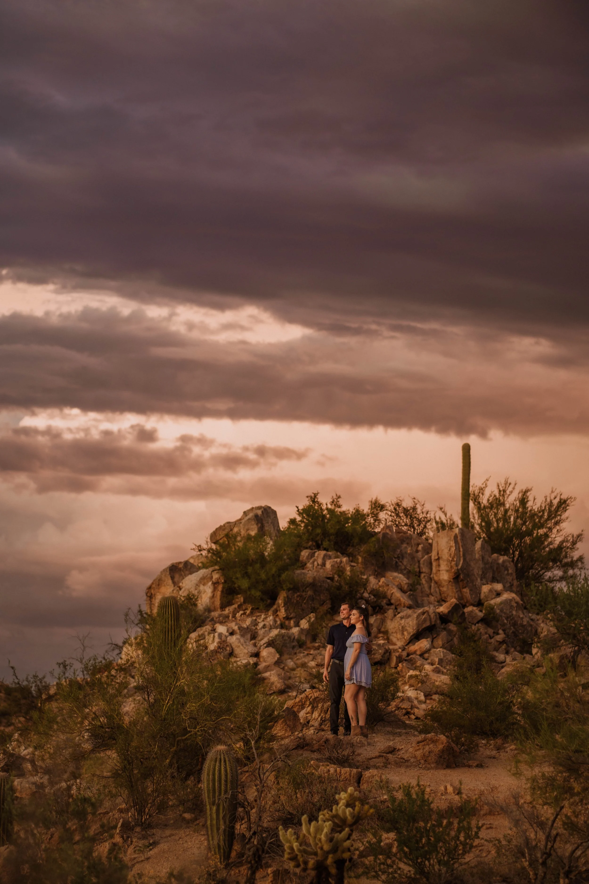 Stormy Sunset Surprise Engagement in Saguaro National Park