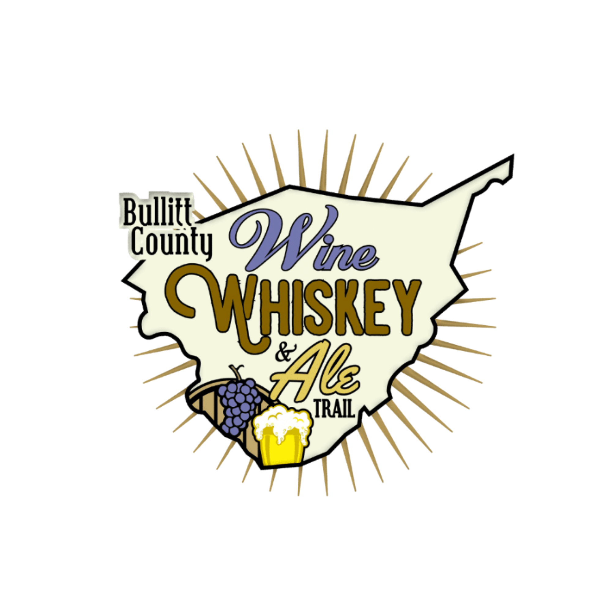 Illustration of the outline of South Carolina with text reading "Bullitt County Wine, Whiskey & Ale Trail" superimposed on it. A cluster of grapes and a glass of beer are at the bottom of the outline, with sunburst rays radiating outward.
