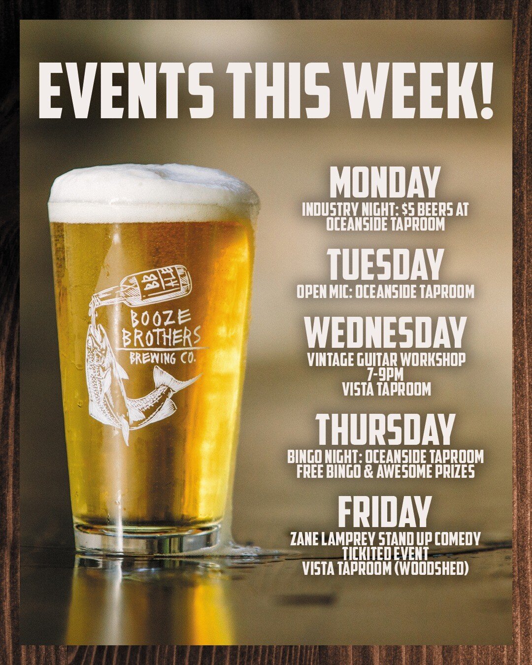 We have another awesome week of events! Here is what we have going on!

Monday (Tonight)
Industry Night at the Oceanside Taproom
$5 beers all night long &amp; sushi and food specials from @rosewoodoceanside

Tuesday
Open Mic Night at the Oceanside Ta