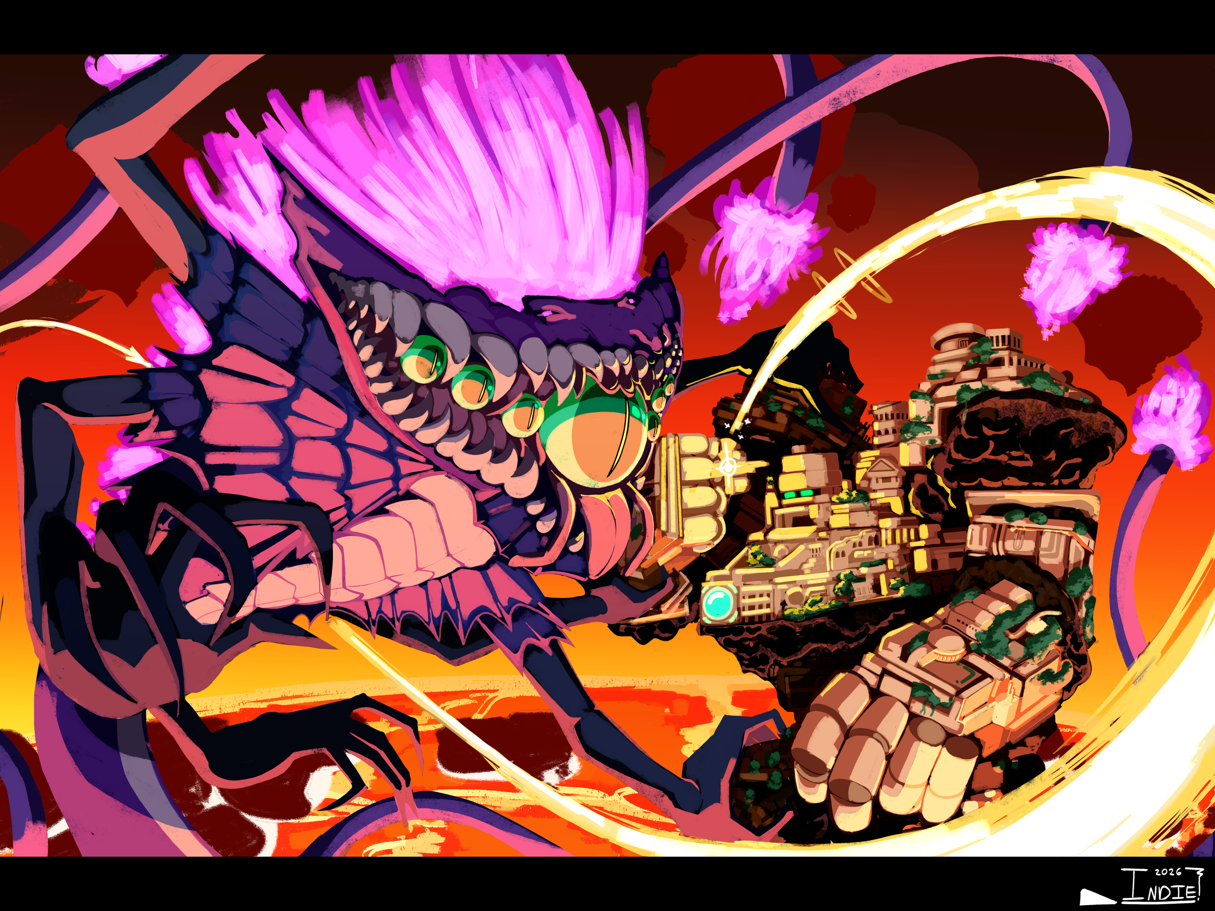 A digital painting displaying the climax of Sonic Unleashed, Dark Gaia and Light Gaia clash while Super Sonic flies straight into the center of the fight