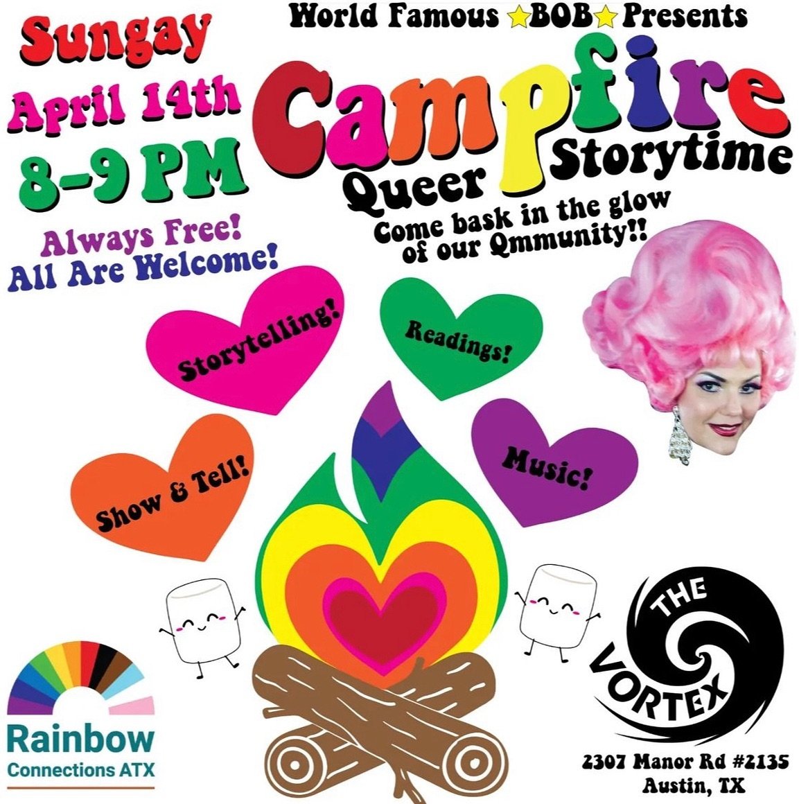 🌈TONIGHT🌈

5:30PM - 100th TGQ Social Anniversary! @tgqsocial 

8:00PM - Campfire Queer Storytime! - hosted by @worldfamousbob and @rainbowconnectionsatx