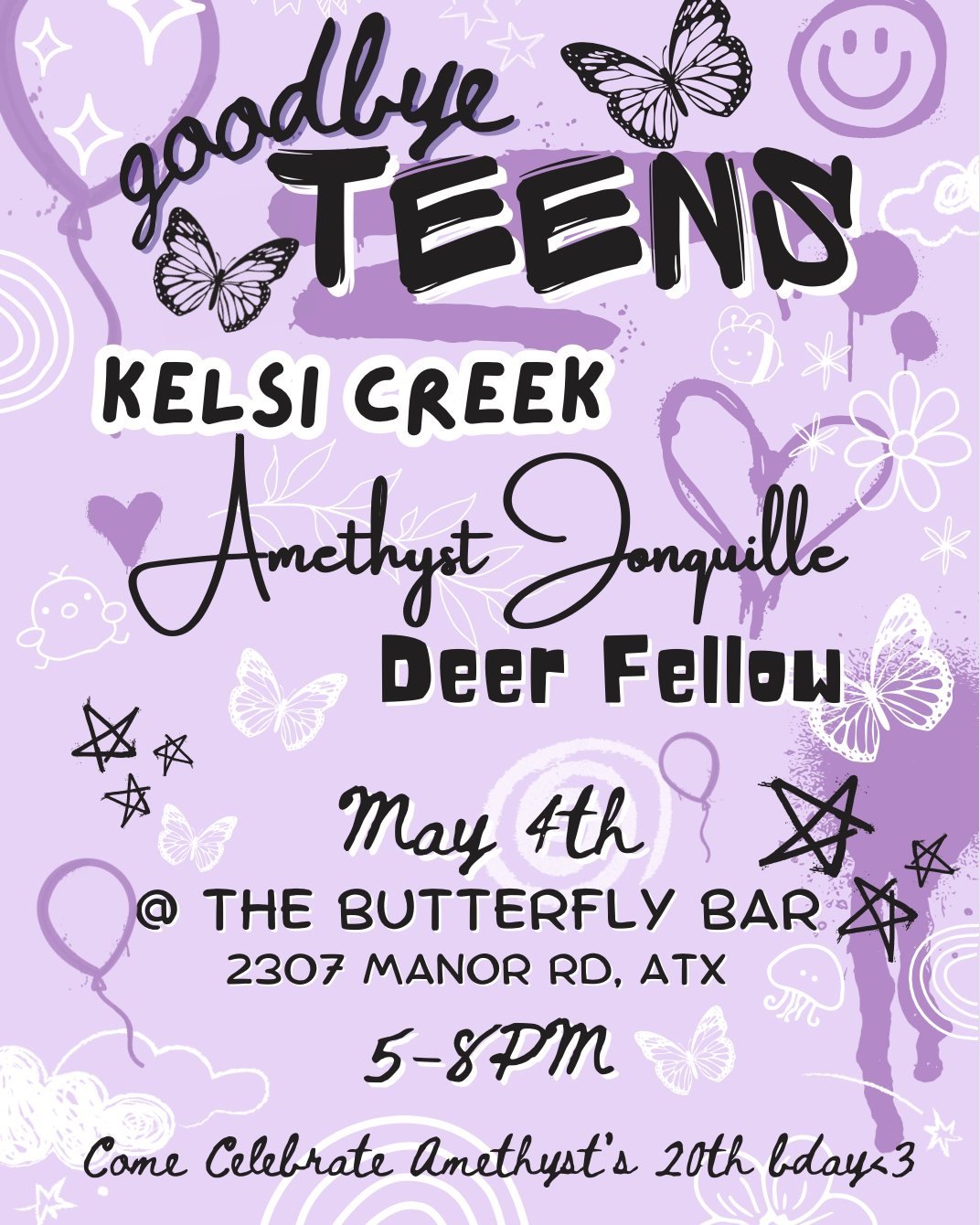 🎉TONIGHT - &quot;Goodbye Teens&quot; - 5:00pm🎉

🥳 We're throwing a birthday bash for one of our favorite Butterfly Bar artists! @amethystjonquille isn't a teen anymore! Come celebrate this fantastic artist's 20th birthday with special guests @kels