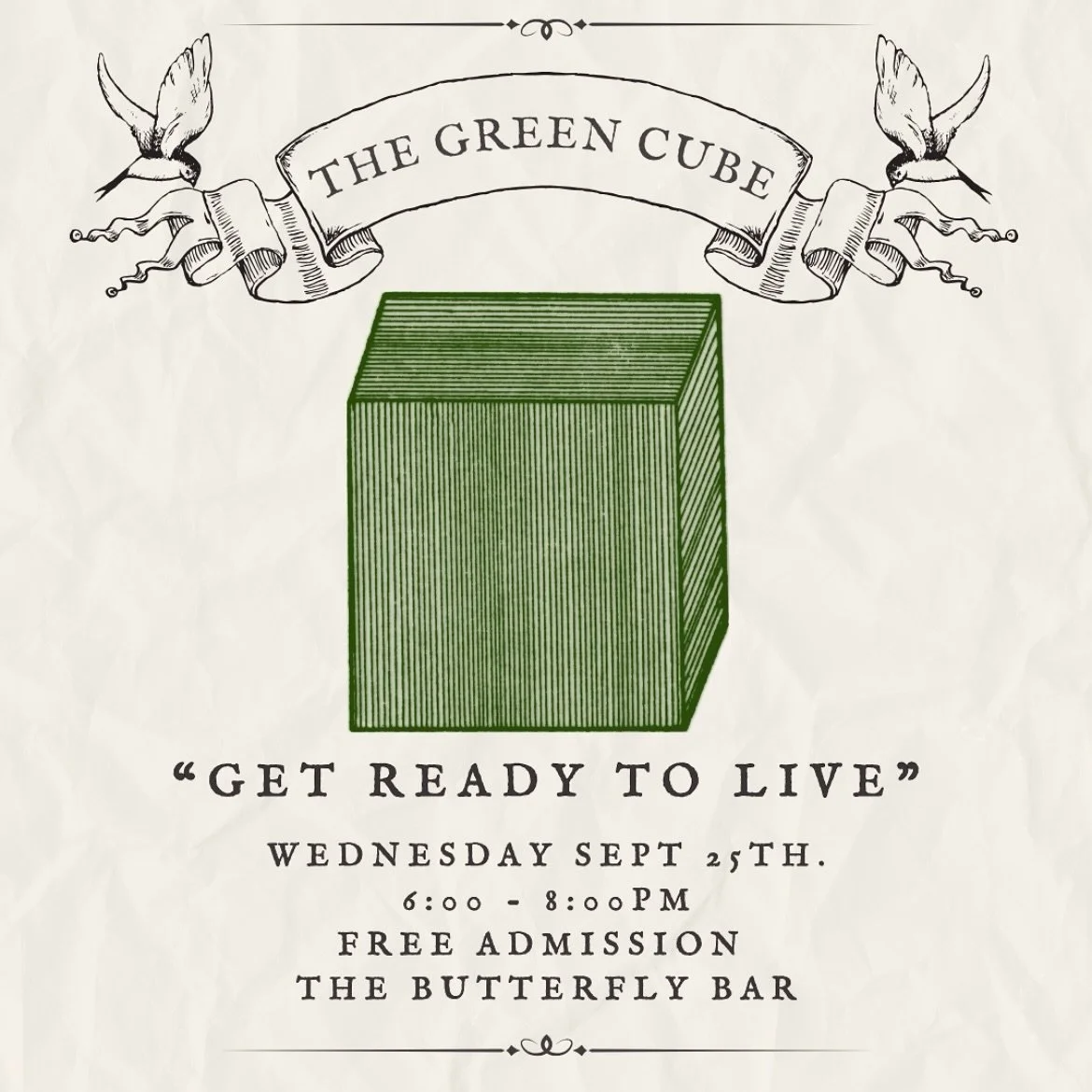 ✨TONIGHT - Green Cube - 6:00PM✨

Join us in the garden tonight for &ldquo;Green Cube&rdquo; ; a performance art piece by our Box Office Manager and Keeper of The Butterfly Garden ⭐️LeX!

#atx #atxevents #austinevents #austin #atxart #atxartist #austi