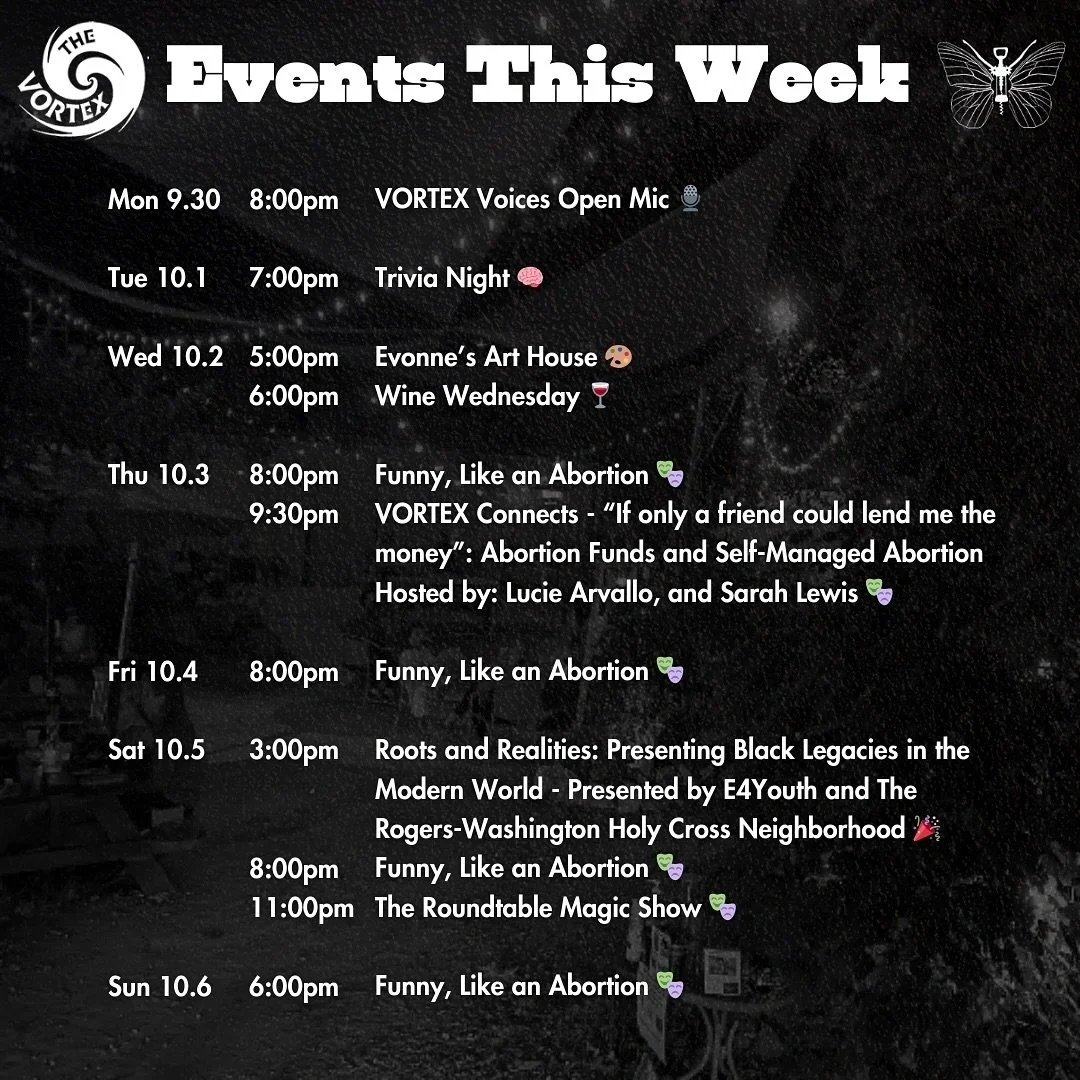🌀EVENTS THIS WEEK🌀

MONDAY 👉 VORTEX Voices Open Mic with @everywordpoetry 

TUESDAY 👉 Trivia Night with @geekswhodrink 

WEDNESDAY 👉 &ldquo;Hear and Now: Celebrating Austin&rsquo;s Music Community&rdquo; by @evonnearthouse 🎶 🖼️ 🎨 and 50% OFF 