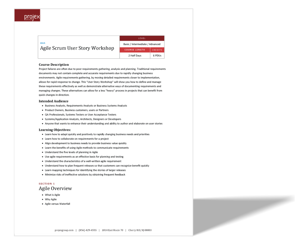 Course flyer for an Agile Scrum User Story Workshop with details on level, course length, credits, course description, intended audience, learning objectives, and agenda, presented by Projex. The flyer features a white background with red and black accents.