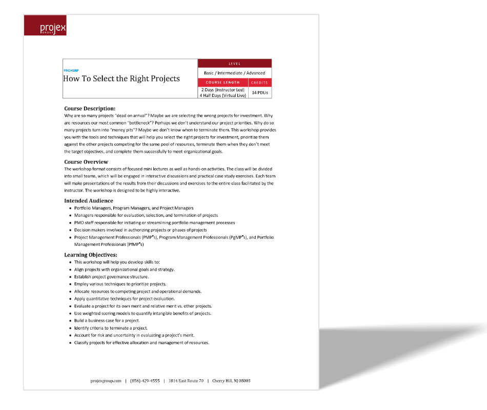 A flyer titled 'How to Select the Right Projects' from Projetx Academy with details about a course, including course description, overview, intended audience, and learning objectives. The flyer has a red header and a shadowed white background.