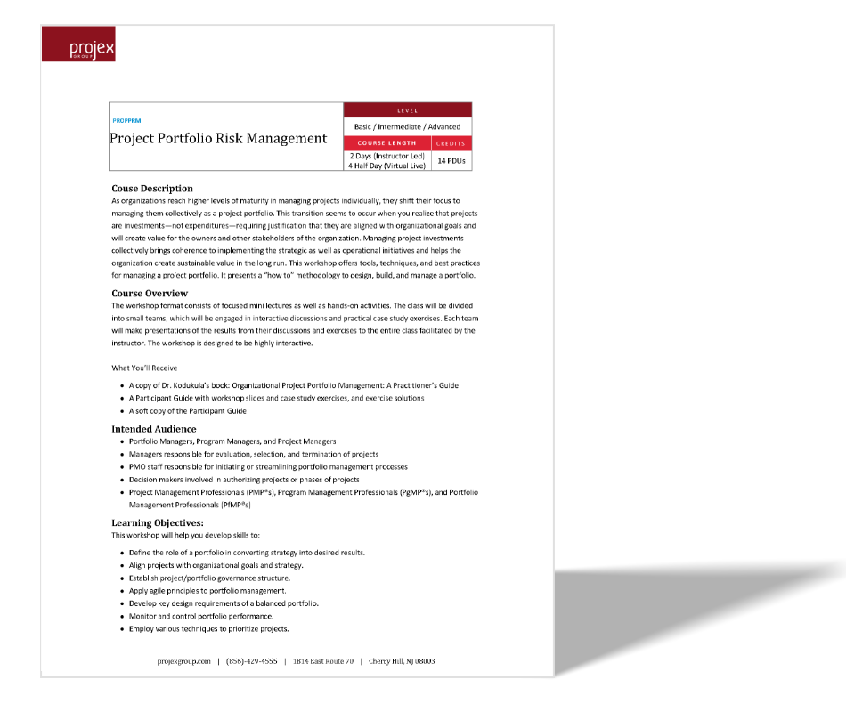 Brochure for Project Portfolio Risk Management course by Projex Group, highlighting course details, description, overview, what's included, intended audience, and learning objectives.
