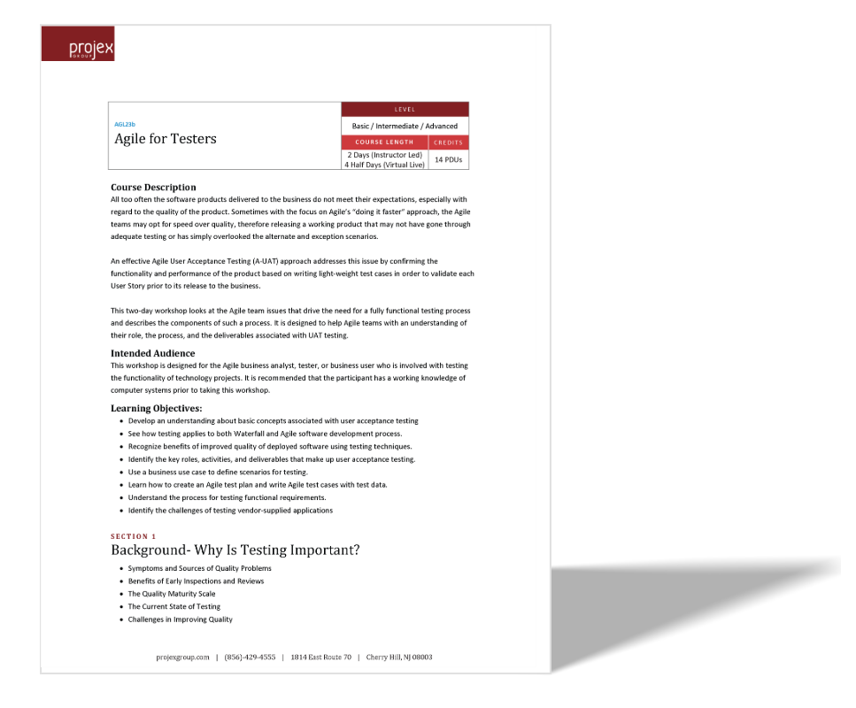 A printed course brochure titled 'Agile for Testers' by Projex Consulting, with details about course level, duration, credits, and course description, including learning objectives, intended audience, and background information on testing importance.