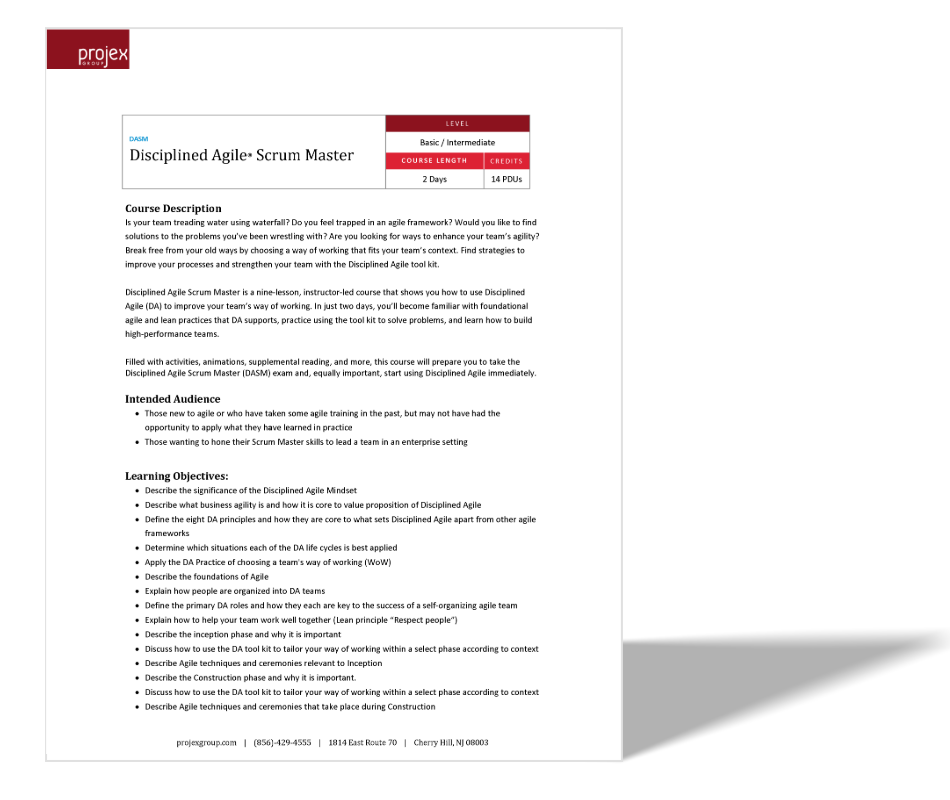 A course flyer for 'Disciplined Agile Scrum Master' by Projex with course details, description, intended audience, and learning objectives.