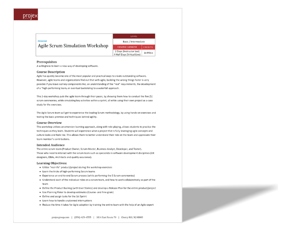 Flyer for Projex Academy's Agile Scrum Simulation Workshop, with course details, prerequisites, overview, and objectives