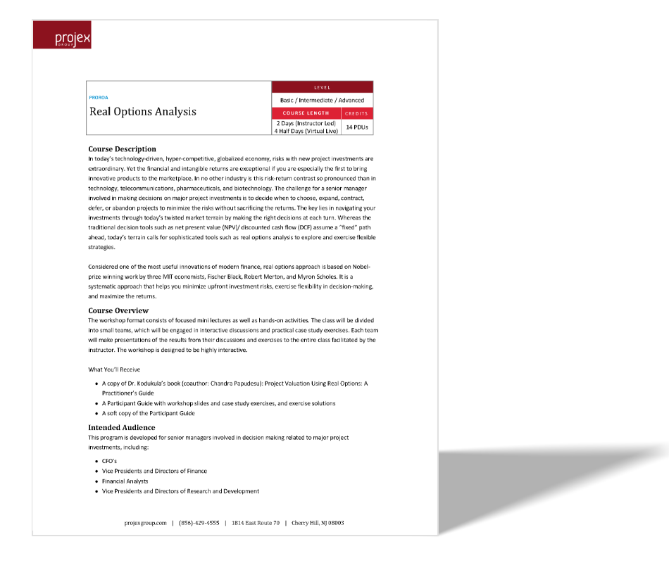 Course flyer for Real Options Analysis by Projex Academy, including details on level, course length, credits, course description, overview, materials provided, intended audience, contact information, and location.