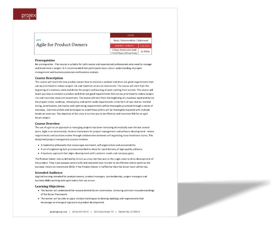 A course description flyer for 'Agile for Product Owners' by Projex Group, outlining prerequisites, course content, overview, intended audience, and learning objectives, with a red and white color scheme.