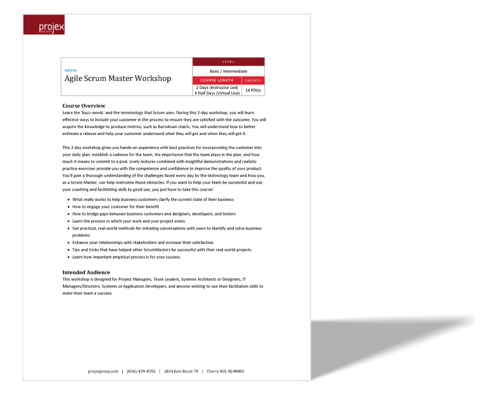 Flyer for Agile Scrum Master Workshop, offered by Projex Group, scheduled for 2 days with instructor-led and virtual options, located in Cherry Hill, New Jersey.