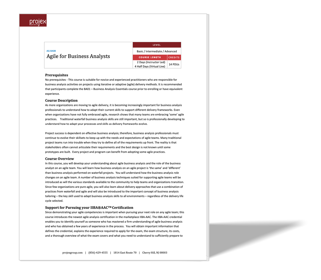Course brochure for Agile for Business Analysts, featuring the Projex group logo, course level, hours, credits, and a detailed course description and overview.