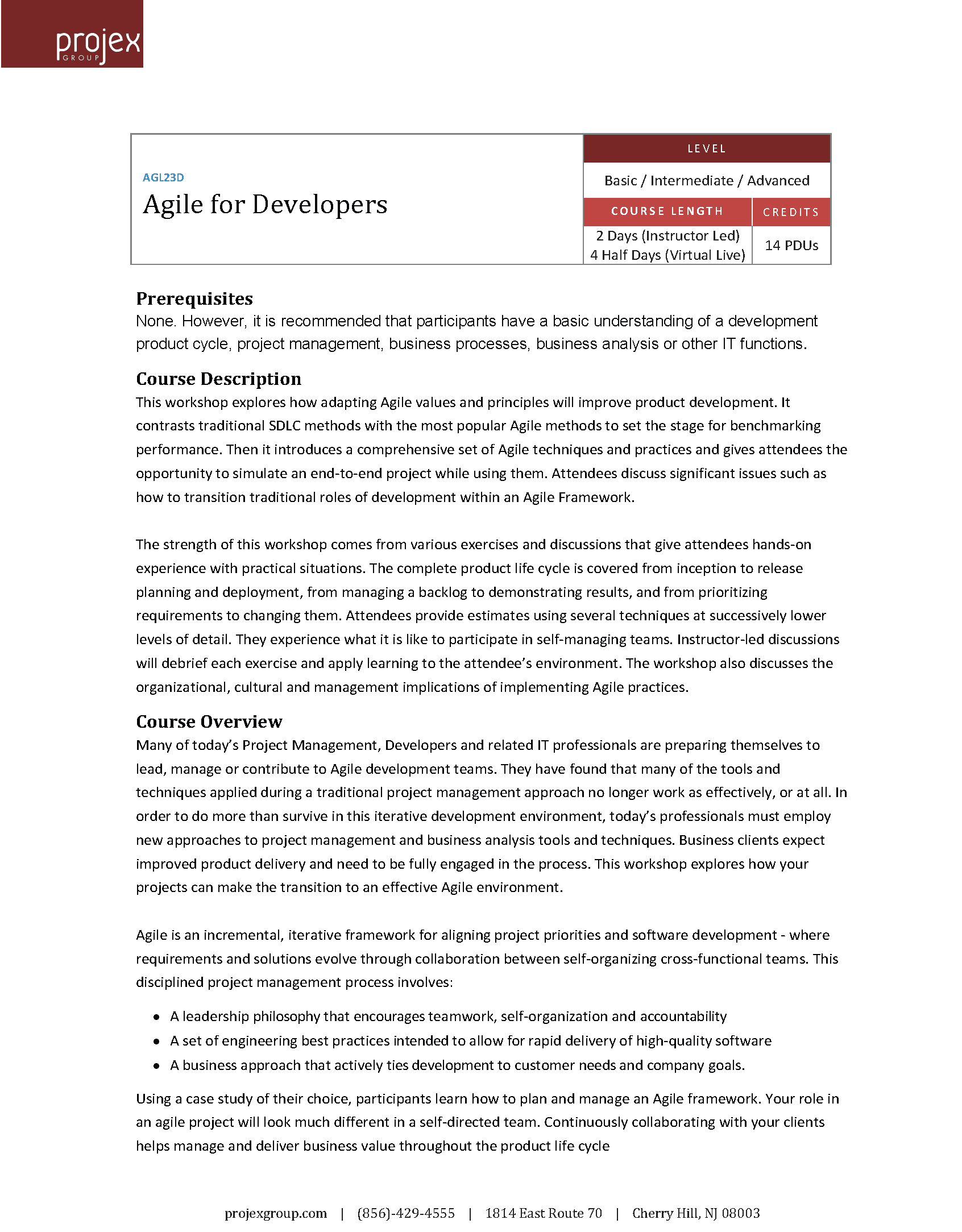 Course description sheet for Agile for Developers offered by projex GROUP, including level, course length, credits, and detailed curriculum overview.